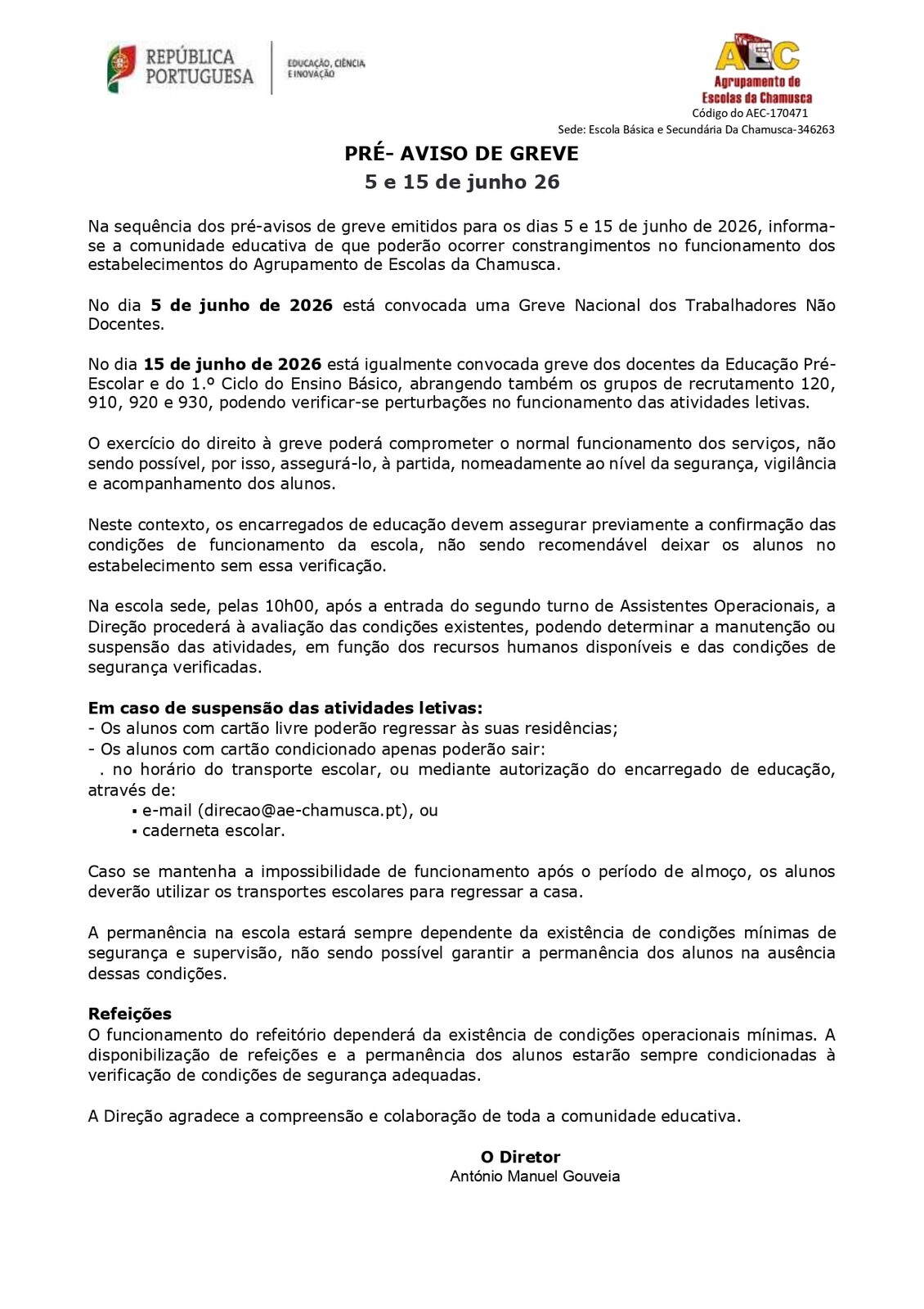 Pr&eacute;-aviso de Greve nos dias 5 e 15 de junho poder&atilde;o condicionar funcionamento das escolas